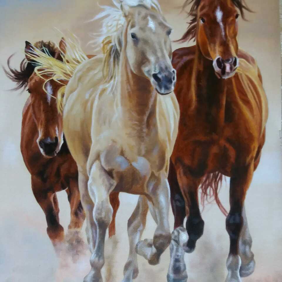 Troika, Wild horses in frontal gallop, 2019, Oil on canvas, 60x40cm