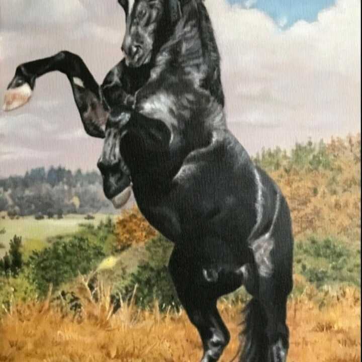 A black stallion in a landscape, 2000, Oil on canvas, 70x40cm
