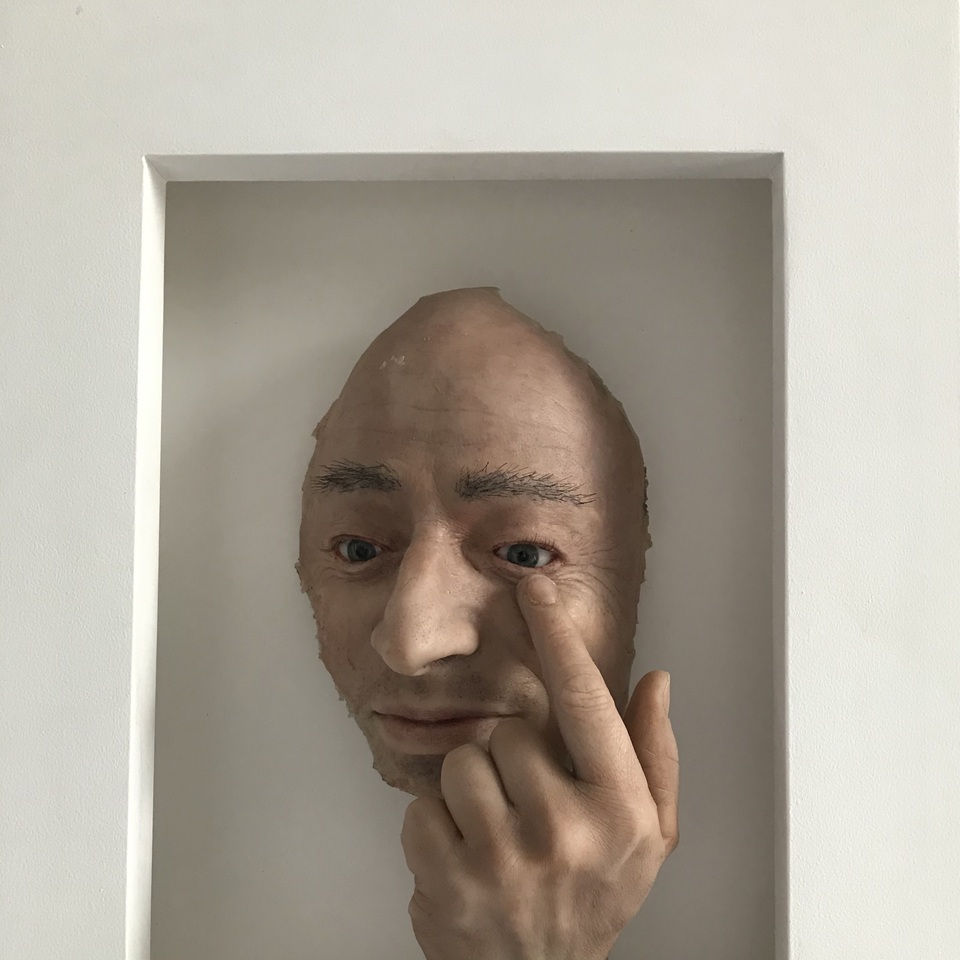 „Eyecatcher“ 2017, 50x37x16 cm. Silicone, Electric Motor, Wooden Frame, Unique Piece